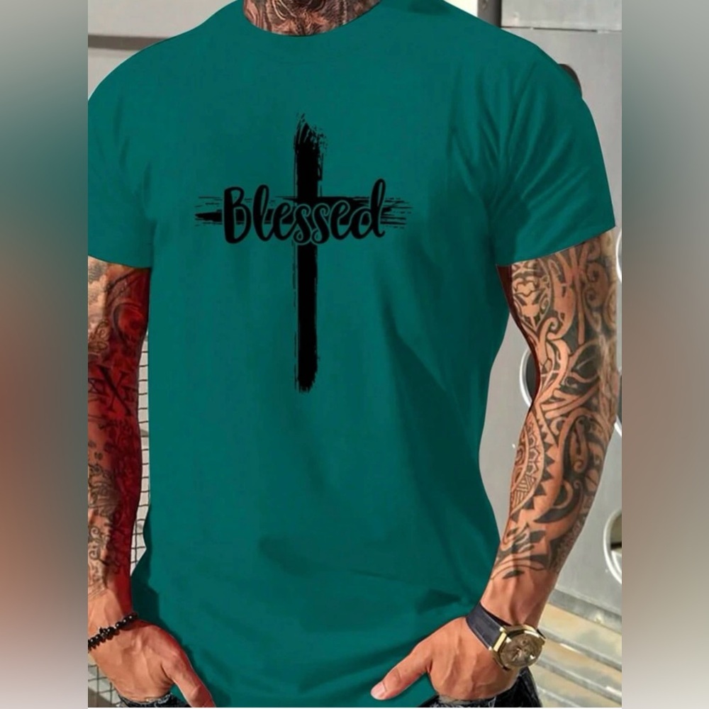 Men's Cross & Letter Print T-Shirt XL - Picture 1 of 1
